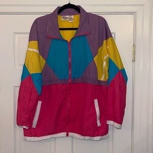 80s 90s track jacket, men’s small retro, pink, yellow blue turquoise funny guy